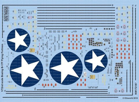 Warbird Decals 1/72 B17F Blue Outlined Stars, Stenciling, National Insignia, Cockpit Instrumentation & Walkways, etc