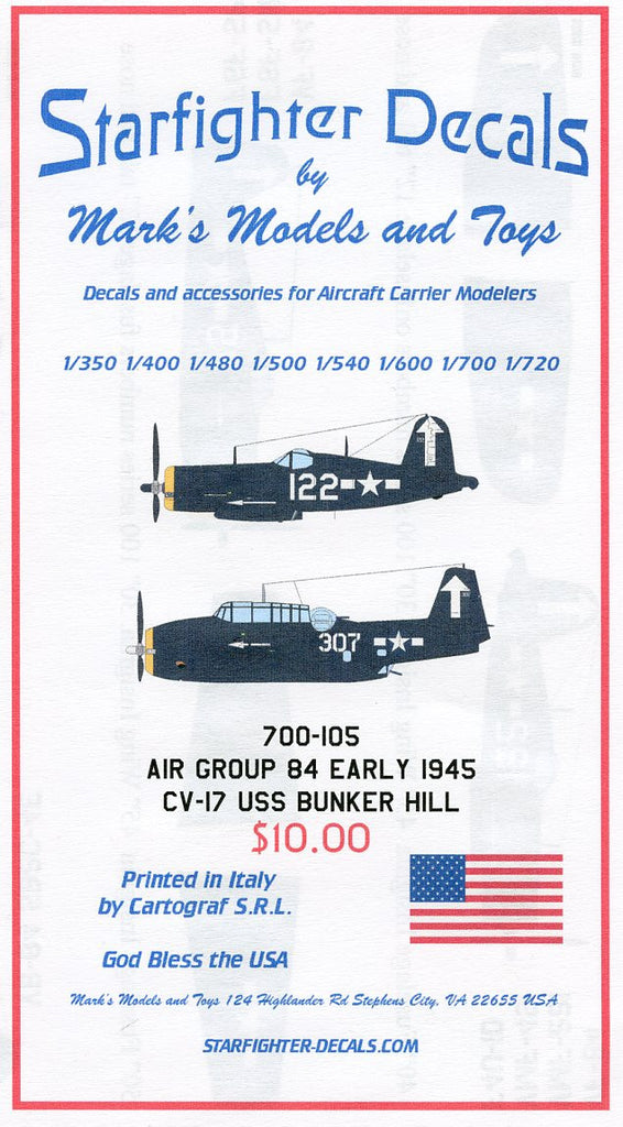 Starfighter Decals 1/700 USS Bunker Hill CV17 Air Group 84 Early Markings 1944-45