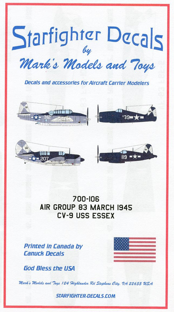 Starfighter Decals 1/700 USS Essex CV9 Air Group 83 Mar 1945 for DML & TSM