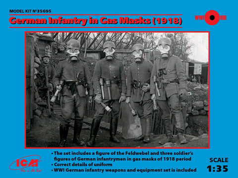 ICM Military 1/35 WWI German Infantry in Gas Masks (4) w/Weapons & Equipment Kit (New Tool)