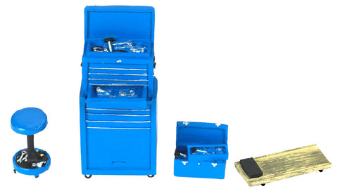 Motorhead 1/24 Tire Brigade™ Tool Set: Tool Chest, Box, Stool & Glider (Blue)