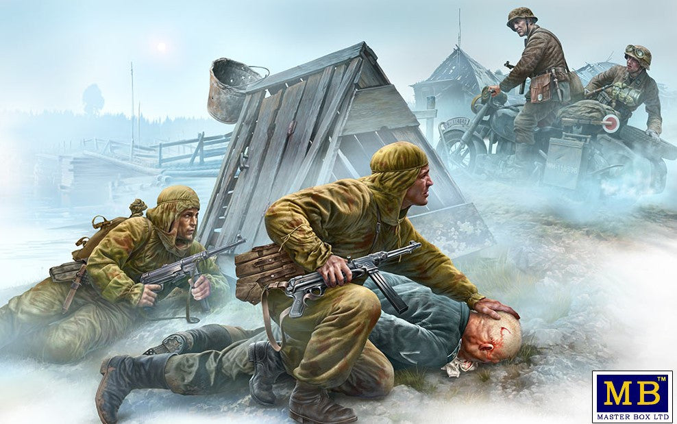 Master Box Ltd 1/35 WWII Crossroads Eastern Front Soviets Solders (2), German Officer (1) & German Motorcyclist (2) Kit