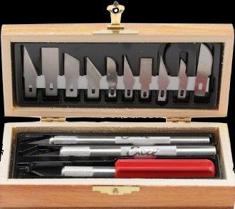 Excel Tools Hobby Knife Set: 3 Knives & 13 Blades (Wooden Box)