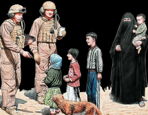 Master Box Ltd 1/35 Here is Snickers! US Soldiers, Eastern Woman w/Children & Dog (8) Kit