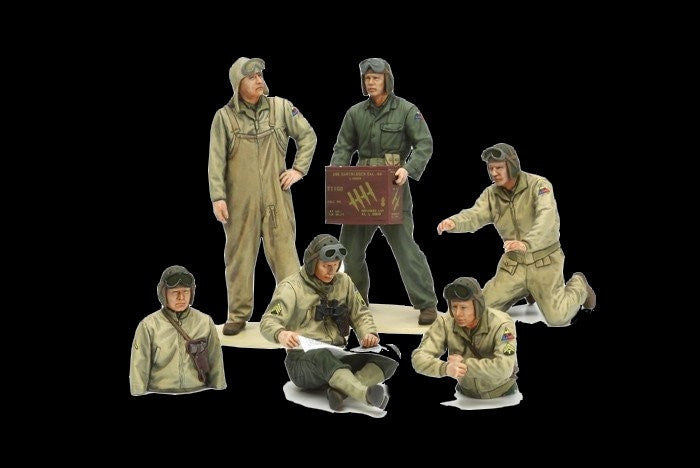 This is a highly detailed military miniature set of the Tamiya Models 1/35 scale WWII US Tank Crew European Theater (New Tool) including 6 figurines Kit