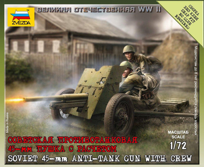 Zvezda Military 1/72 WWII Soviet 45mm Anti-Tank Gun w/2 Crew Snap Kit