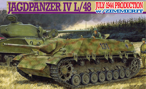 This is a plastic model kit of the Dragon Models 1/35 scale WWII German Jagdpanzer IV L/48 July 1944 Production Self-propelled gun with Zimmerit coating