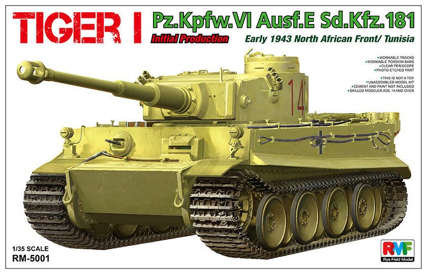 Rye Field 1/35 Tiger I PzKpfw VI Ausf E SdKfz 181 Initial Production Tank Early 1943 N. African Front/Tunisia Kit