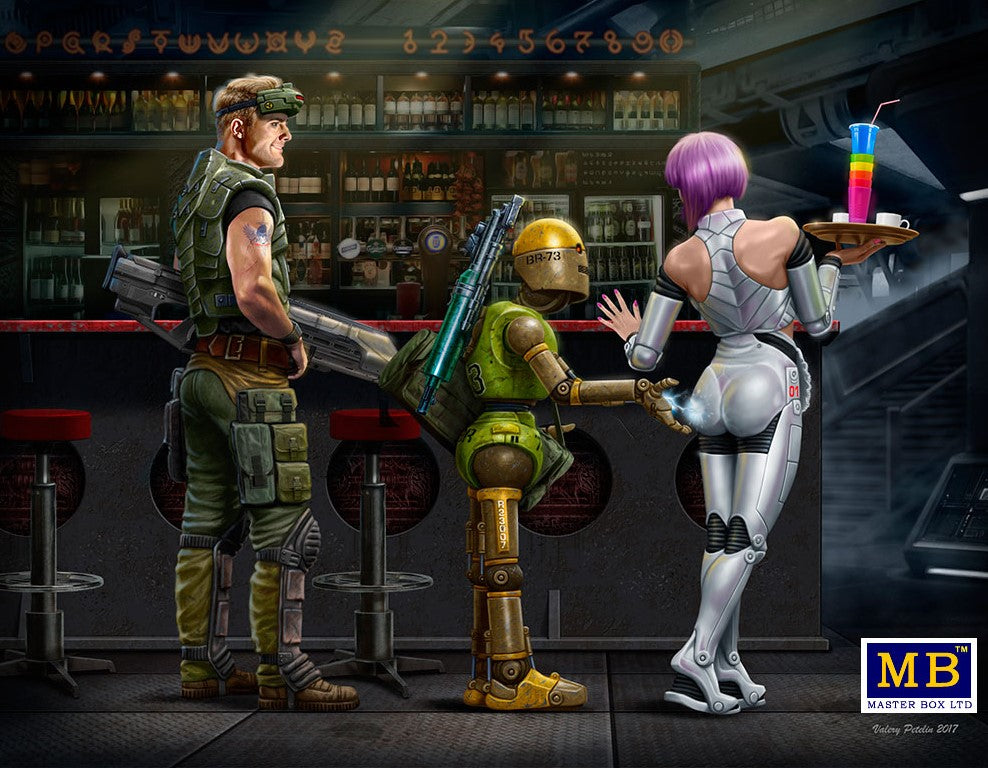 Master Box Sci-Fi 1/24 At the Edge of the Universe: Space Mercenary w/Heavy Gun, Robot & Android Waitress Holding Tray/Drinks Kit