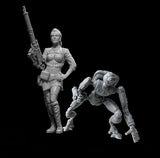 Master Box Sci-Fi 1/24 At the Edge of the Universe: Female Warrior Holding Machine Gun & Fighting Robot