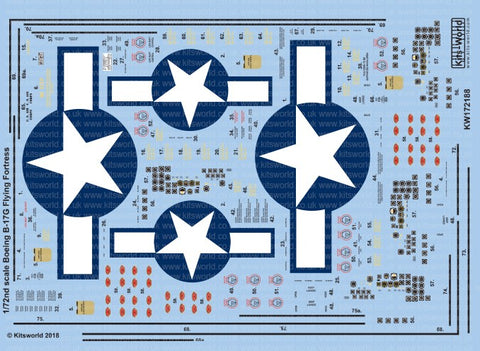 Warbird Decals 1/72 B17G Blue Outlined Stars & Bars, Stenciling, National Insignia, Cockpit Instrumentation & Walkways, etc