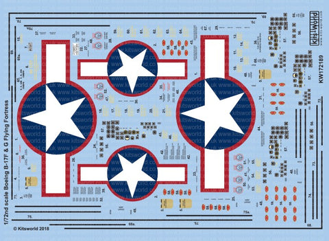 Warbird Decals 1/72 B17F/G Red Outlined Stars & Bars, Stenciling, National Insignia, Cockpit Instrumentation & Walkways, etc