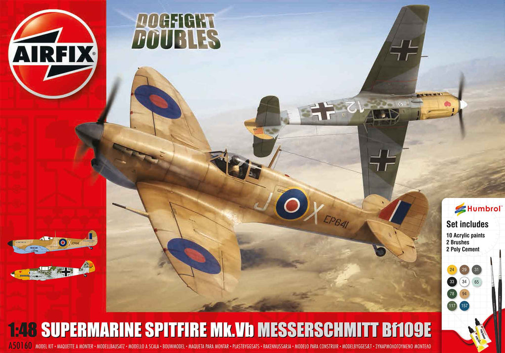 Airfix Aircraft 1/48 Spitfire Mk Vb & Messerschmitt Bf109E4 Dogfight Doubles Gift Set w/paint & glue