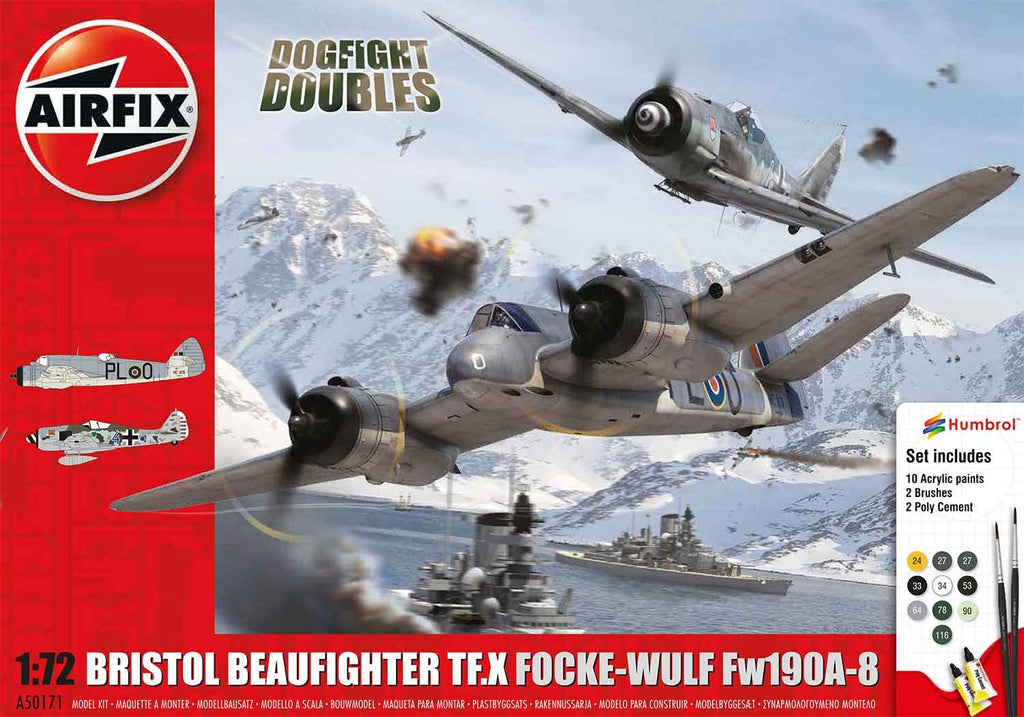Airfix Aircraft 1/72 Bristol Beaufighter Mk X & Focke Wulf Fw190/8 Dogfight Doubles Gift Set w/Paint & Glue Kit