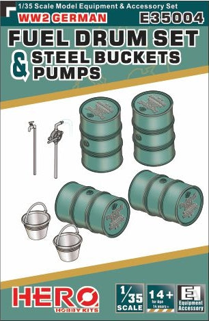 Hero Hobby 1/35 WWII German Fuel Drums (4), Pump Pipes (2) & Steel Buckets (2) Kit