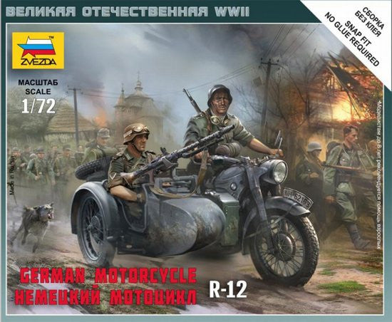 Zvezda Military 1/72 German R12 Motorcycle w/Sidecar & 2 Crew (Snap Kit)