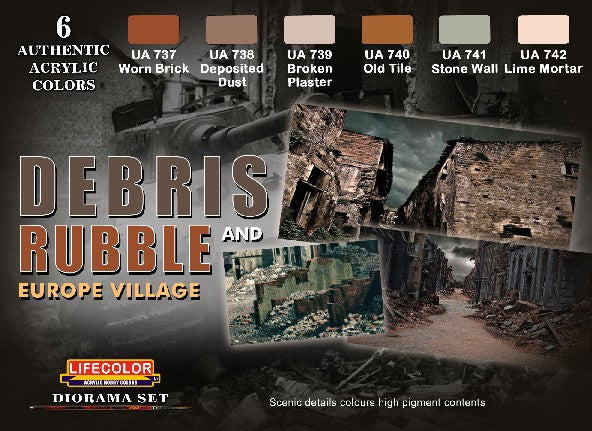 Lifecolor Acrylic Debris Rubble & Europe Village Diorama Acrylic Set (6 22ml Bottles)