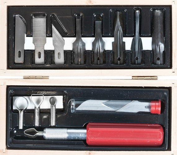 Excel Tools Woodworking Tool Set: 5 Gouges, 4 Routers, Handle & 6 Blades (Wooden Box)