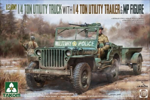 Takom Military 1/35 US Army 1/4-Ton Utility Truck w/Trailer & MP Figure (New Tool) Kit  
