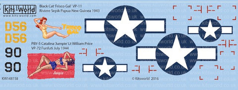 Warbird Decals 1/48 PBY5 Catalina Black Cat Frisco Gal VP11 Riviere Sepik Papua New Guinea 1943, Jumpie Lt William Price VP72 Funfuti July 1944