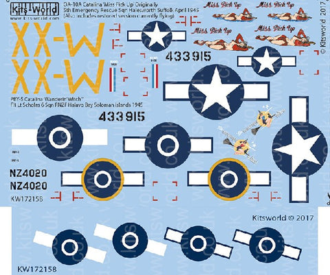 Warbird Decals 1/72 OA10A Catalina Miss Pick Up 5th Emergency Rescue Sq. Halesworth Suffolk April 1945, PBY5 Wanderin Witch Flt Lt Scholes 6th Sq. RNZF Halavo Bay Soloman Islands 1945